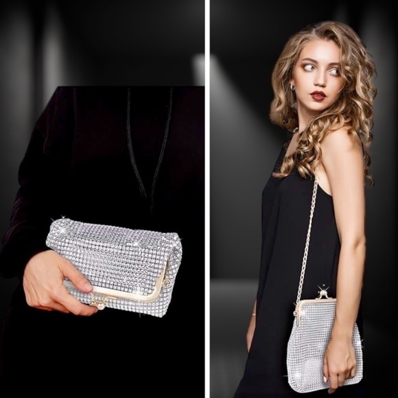 NWT Silver Rhinestone Covered Mesh Clutch/Shoulder Bag w/Gold HW & Pouch Insert - Picture 7 of 16
